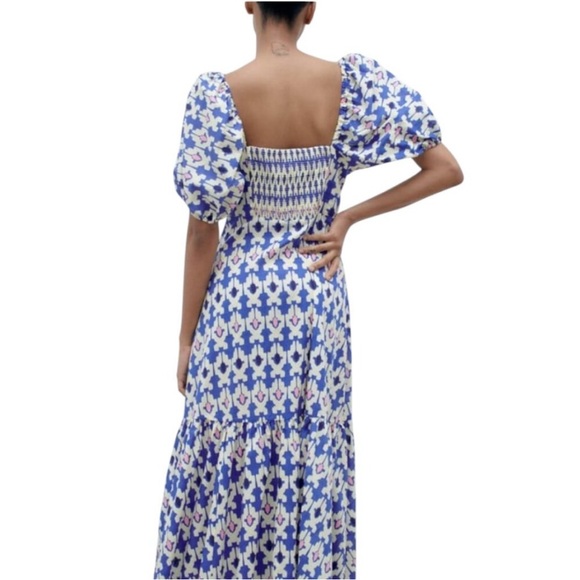 Zara Ikat Maxi Tiered Dress, Ivory Blue Black Pink size Large - Picture 6 of 17